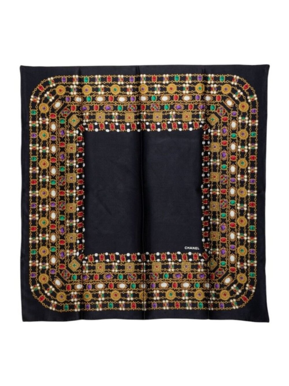 Chanel Gem Motif Scarf Black Multicolor Silk